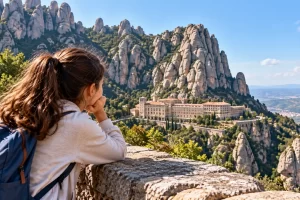 Una niña observa un paisaje ilustrado de montañas dentadas y un monasterio.