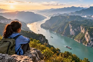 Una viajera contempla un paisaje ilustrado con un río entre montañas.