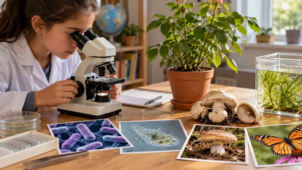 Estudiante con microscopio y ejemplos ilustrativos de plantas, hongos, animales y microorganismos.