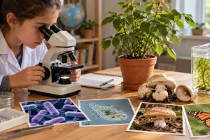 Estudiante con microscopio y ejemplos ilustrativos de plantas, hongos, animales y microorganismos.