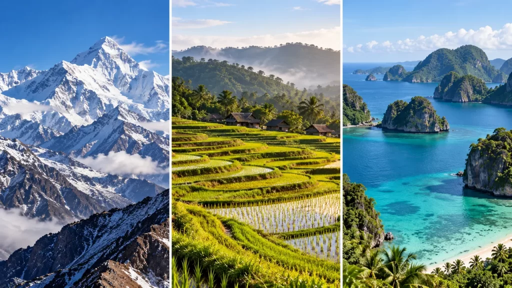 Tres paisajes ilustrados muestran una cordillera nevada, arrozales e islas.