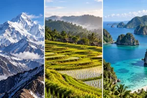 Tres paisajes ilustrados muestran una cordillera nevada, arrozales e islas.