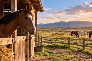 Un caballo asoma desde un establo junto a un terreno de pastoreo con otros caballos.