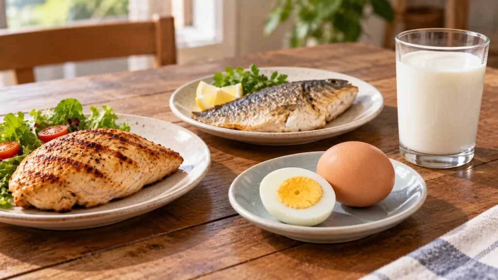 Comida de origen animal: ejemplos y cómo reconocerla 1 Platos con pollo, pescado y huevo junto a un vaso de leche.