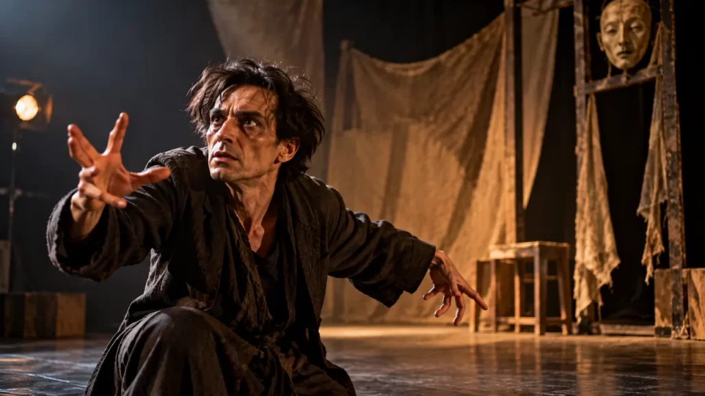 Un actor extiende una mano durante una escena teatral con iluminación lateral.