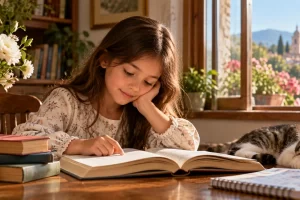 Una niña lee un libro junto a una ventana.