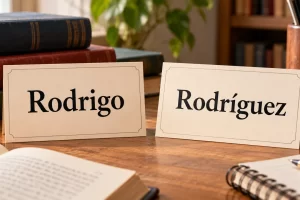 Dos tarjetas muestran Rodrigo y Rodríguez con su escritura correcta.