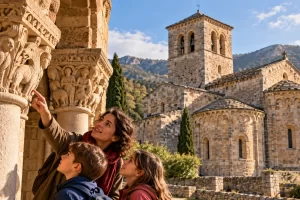 Una docente y dos niños observan capiteles de piedra junto a una iglesia de inspiración románica.