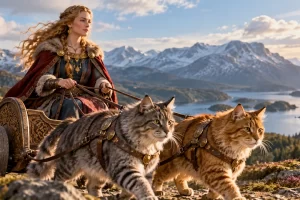 Representación artística de Freyja en un carro tirado por dos grandes gatos.