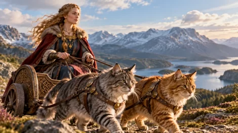 Representación artística de Freyja en un carro tirado por dos grandes gatos.
