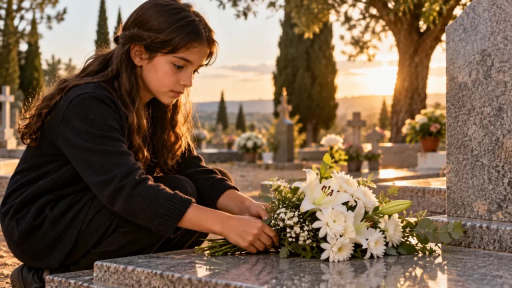 Niña colocando flores ante una lápida sin inscripción.