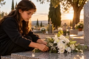 Niña colocando flores ante una lápida sin inscripción.
