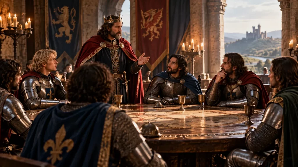 Recreación imaginada de un rey y varios caballeros reunidos en torno a una mesa redonda.