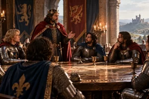 Recreación imaginada de un rey y varios caballeros reunidos en torno a una mesa redonda.