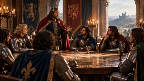 Recreación imaginada de un rey y varios caballeros reunidos en torno a una mesa redonda.