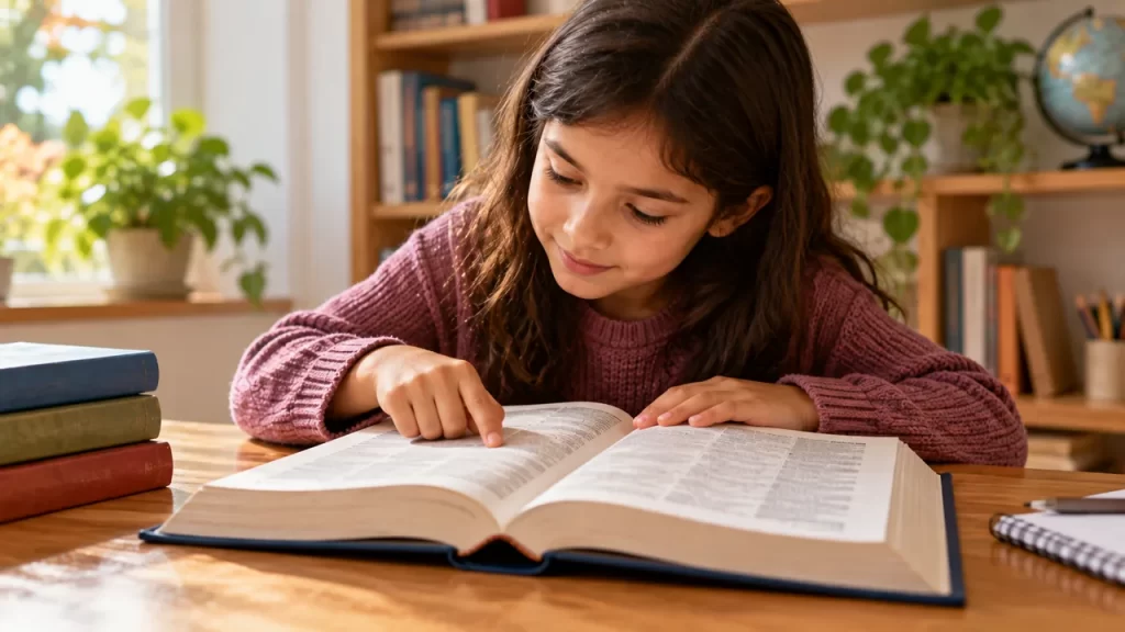 Niña consultando las páginas de un diccionario.