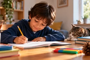 Un niño escribe en su cuaderno junto a varios libros y un gato.