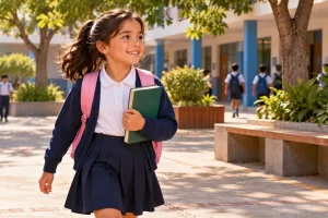 Una niña camina por el patio mientras sostiene un libro contra el cuerpo.