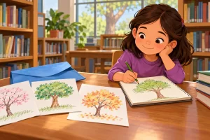 Una niña dibuja un árbol junto a tres dibujos y un sobre azul en una biblioteca.