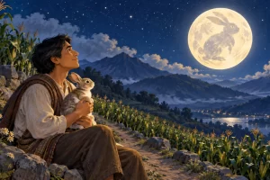 Ilustración de un conejo bajo la luz de la Luna.