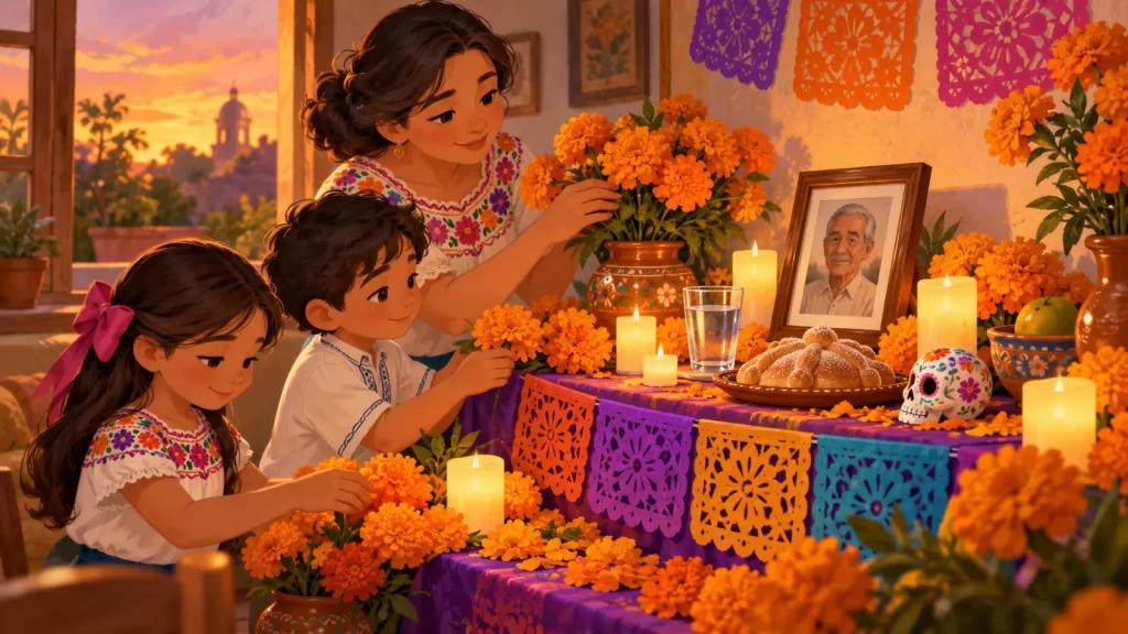 Dos niños y una adulta colocan flores de cempasúchil en una ofrenda familiar con papel picado, agua, pan y un retrato.