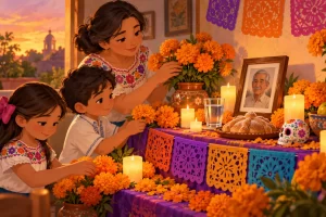 Dos niños y una adulta colocan flores de cempasúchil en una ofrenda familiar con papel picado, agua, pan y un retrato.