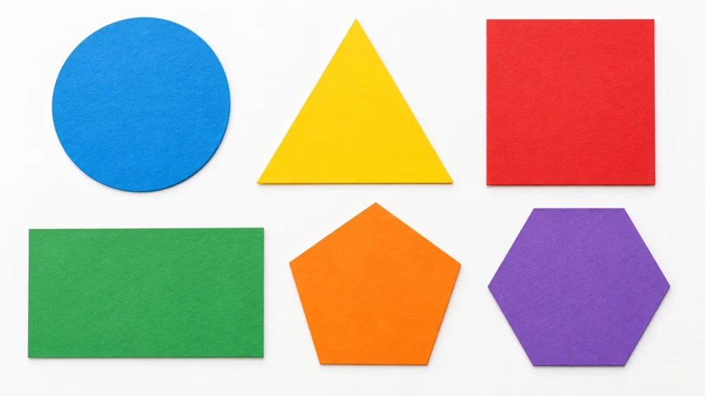 Círculo, triángulo, cuadrado, rectángulo, pentágono y hexágono de papel.
