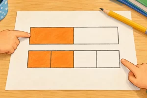 Dos barras del mismo tamaño muestran una mitad y dos cuartos coloreados.