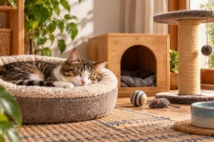Un gato descansa en una cama junto a un refugio, juguetes, agua y un rascador.