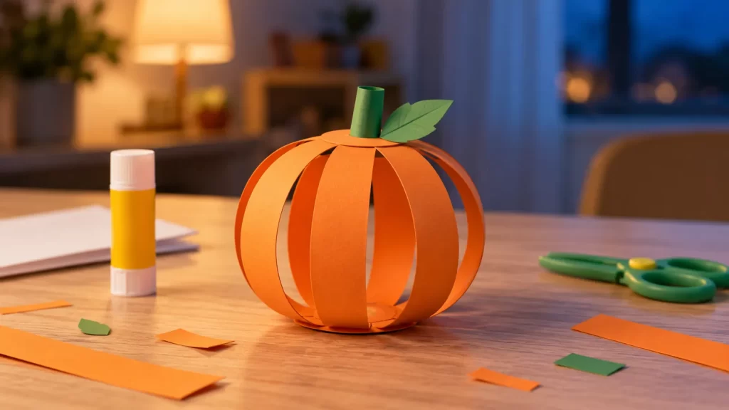 Una calabaza naranja construida con tiras de papel sobre una mesa de manualidades.