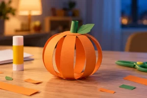 Una calabaza naranja construida con tiras de papel sobre una mesa de manualidades.