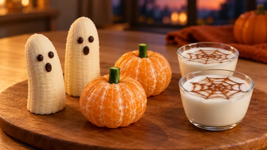 Fantasmas de plátano, mandarinas con tallos de pepino y vasitos de yogur con telarañas de cacao.