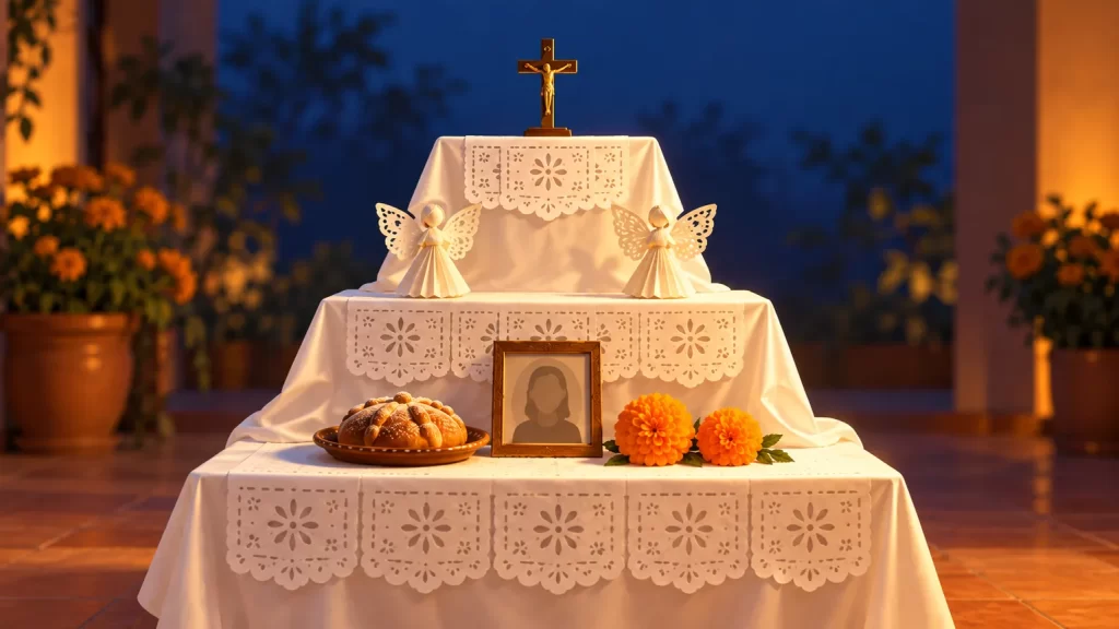 Día de Muertos en Puebla: una lectura sobre los altares de Huaquechula 1 Ilustración de un altar de Huaquechula con tres niveles blancos, retrato, pan, flores, ángeles y crucifijo