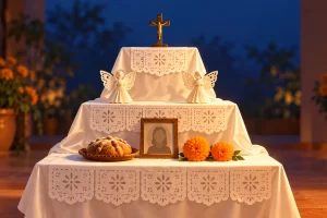 Ilustración de un altar de Huaquechula con tres niveles blancos, retrato, pan, flores, ángeles y crucifijo