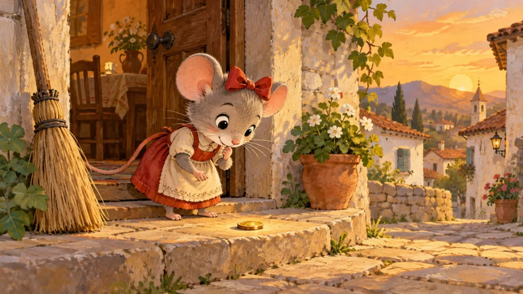 Ilustración de la ratita presumida junto a la puerta de su casa.