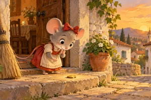 Ilustración de la ratita presumida junto a la puerta de su casa.