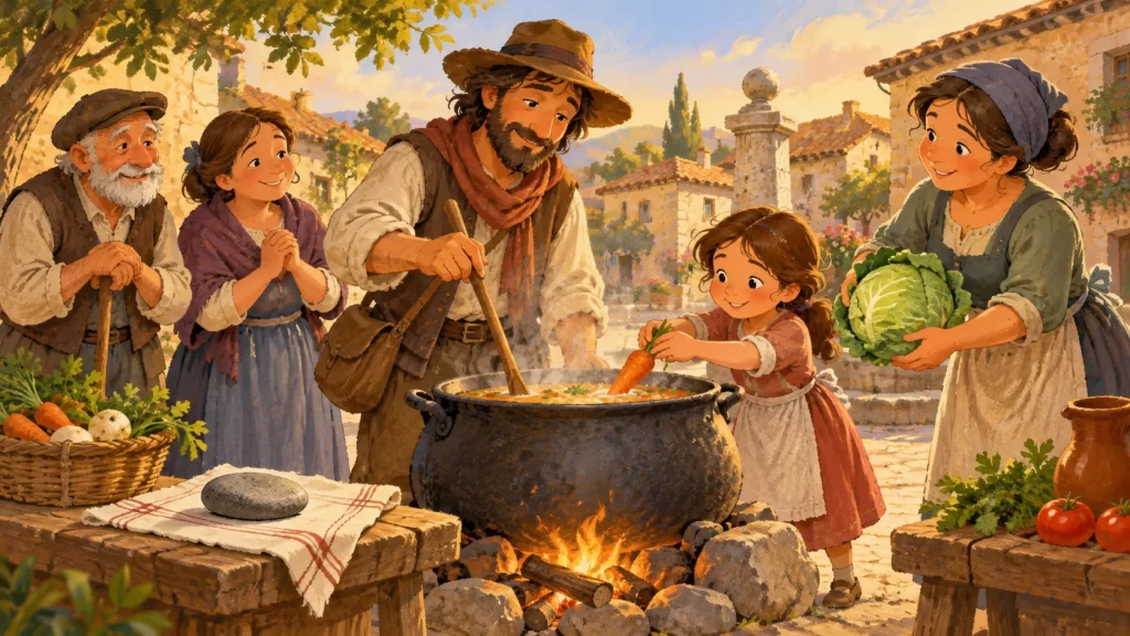 Ilustración de una olla de sopa de piedra y alimentos compartidos.
