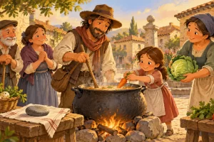 Ilustración de una olla de sopa de piedra y alimentos compartidos.