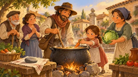 Ilustración de una olla de sopa de piedra y alimentos compartidos.
