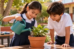Dos escolares riegan una planta con una regadera pequeña.