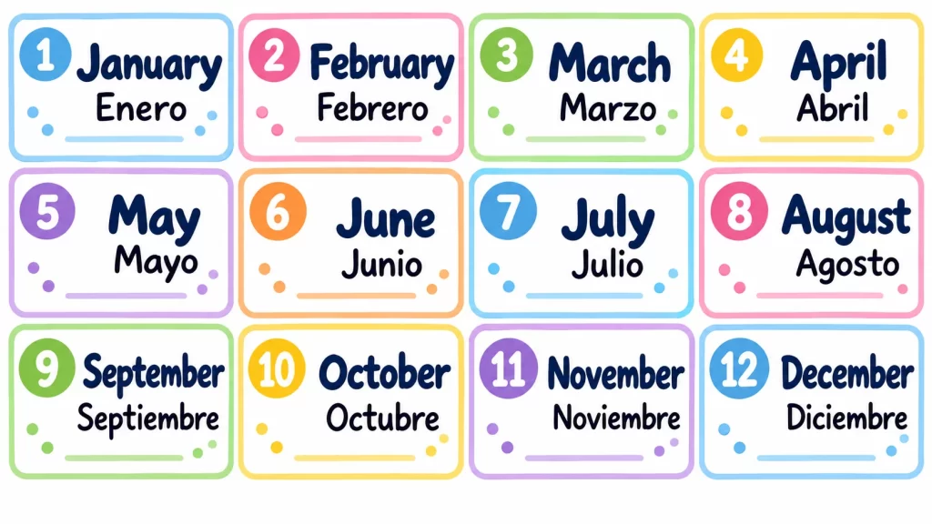 Los doce meses del año en inglés y español, ordenados de enero a diciembre.