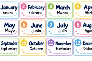 Los doce meses del año en inglés y español, ordenados de enero a diciembre.
