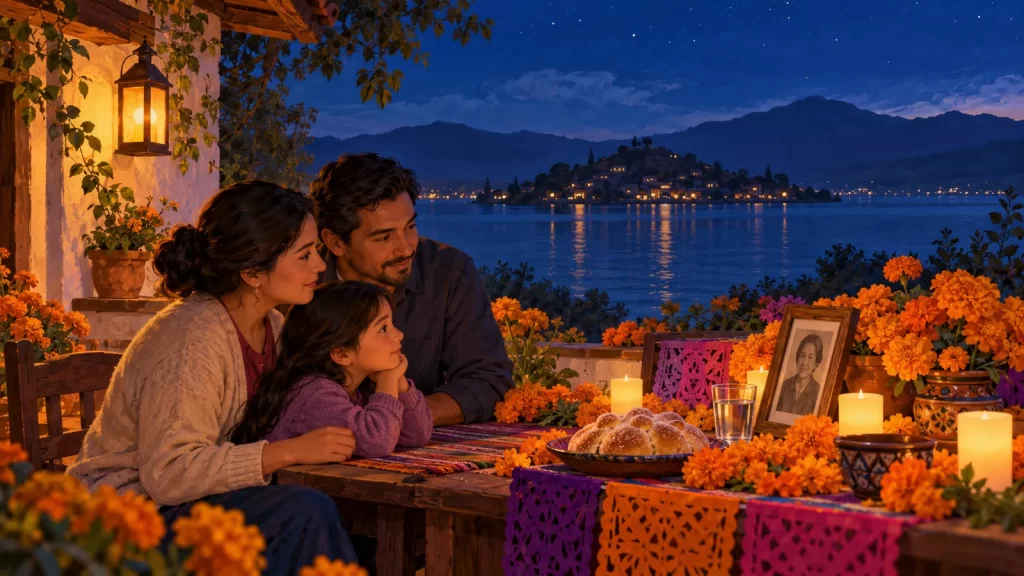 Una familia junto a una ofrenda con flores y un lago iluminado al anochecer.