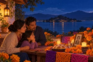 Una familia junto a una ofrenda con flores y un lago iluminado al anochecer.