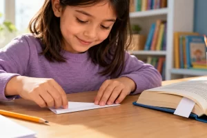 Una niña dobla una tira de papel para usarla como separador de un libro.