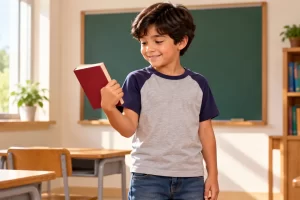 Un niño dobla el codo para acercar un libro ligero a su pecho.