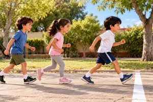 Tres niños llegan uno detrás de otro a una línea marcada en el suelo.
