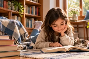 Una niña lee un libro en un rincón con una estantería y un gato dormido.