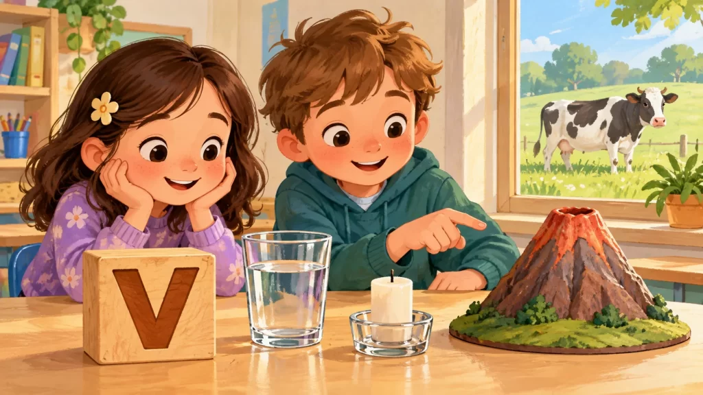 Ilustración educativa de objetos para practicar palabras con V.