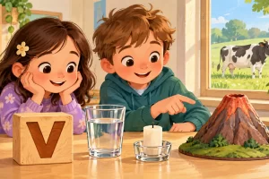 Ilustración educativa de objetos para practicar palabras con V.